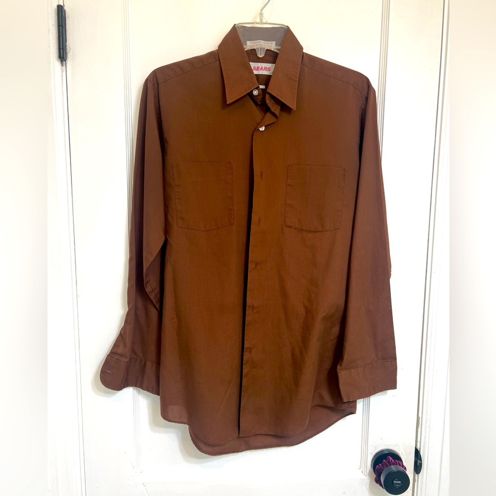 Vintage men’s Sears brown button-up shirt, collar size 14.5; chest size 32-33